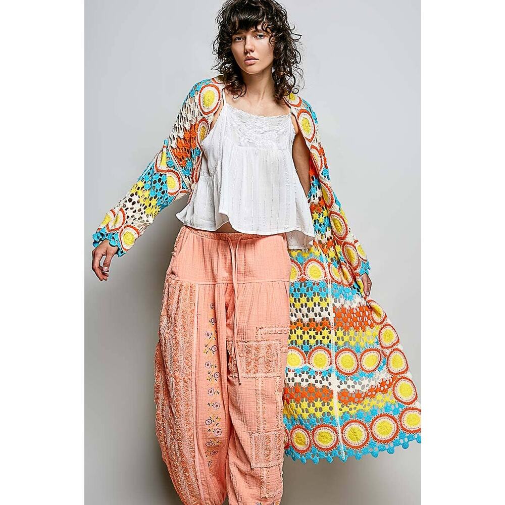 "Maisey" Crochet Open-Knit Cardigan Kimono Orange - Picture 3 of 10